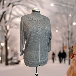 Design History Size Medium Gray Silver Shimmer 3/4 Sleeve Sweater